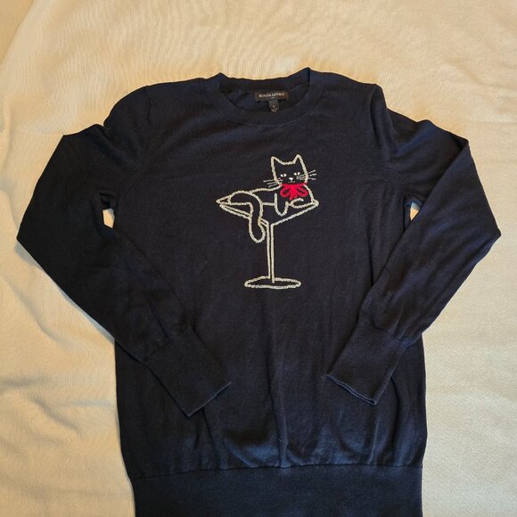 Banana Republic Cat Martini S Small Sweater Navy Blue Red Bow Womens GUC Feline. - Picture 1 of 14